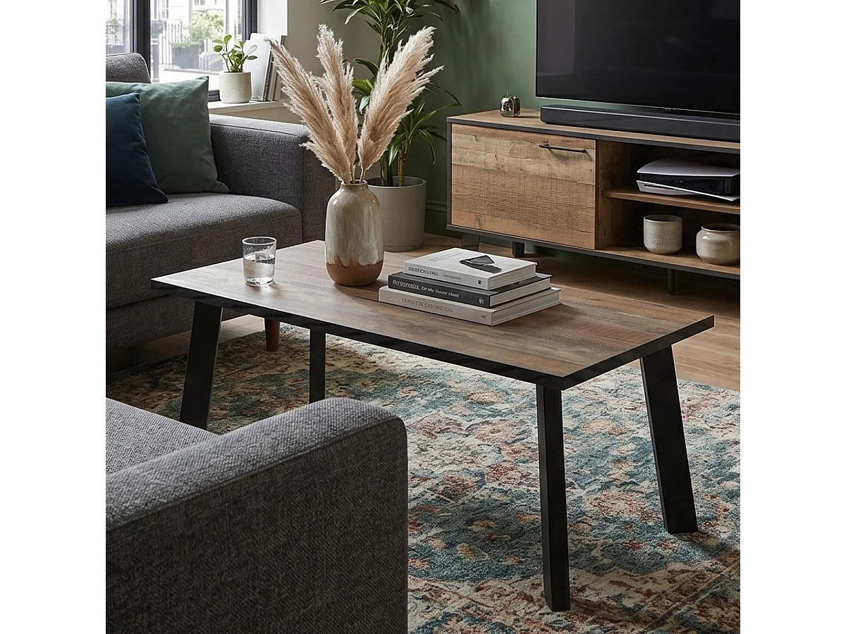 Table basse plateau aspect bois rustique pieds métal - CHIARA