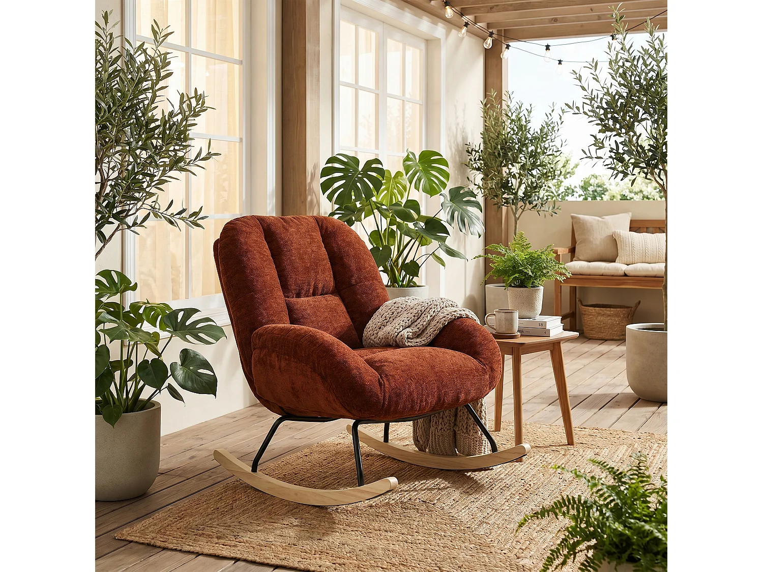 MEUBLES COSY LITHOPS Fauteuil à bascule rocking chair en tissu chenille rouge style scandinave avec accoudoirs