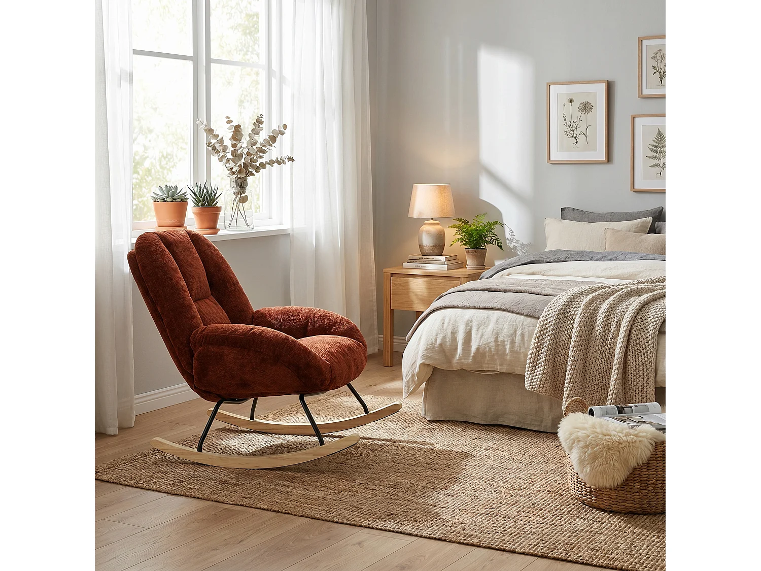 MEUBLES COSY LITHOPS Fauteuil à bascule rocking chair en tissu chenille rouge style scandinave avec accoudoirs