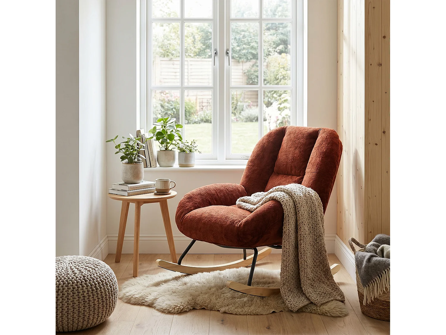 MEUBLES COSY LITHOPS Fauteuil à bascule rocking chair en tissu chenille rouge style scandinave avec accoudoirs