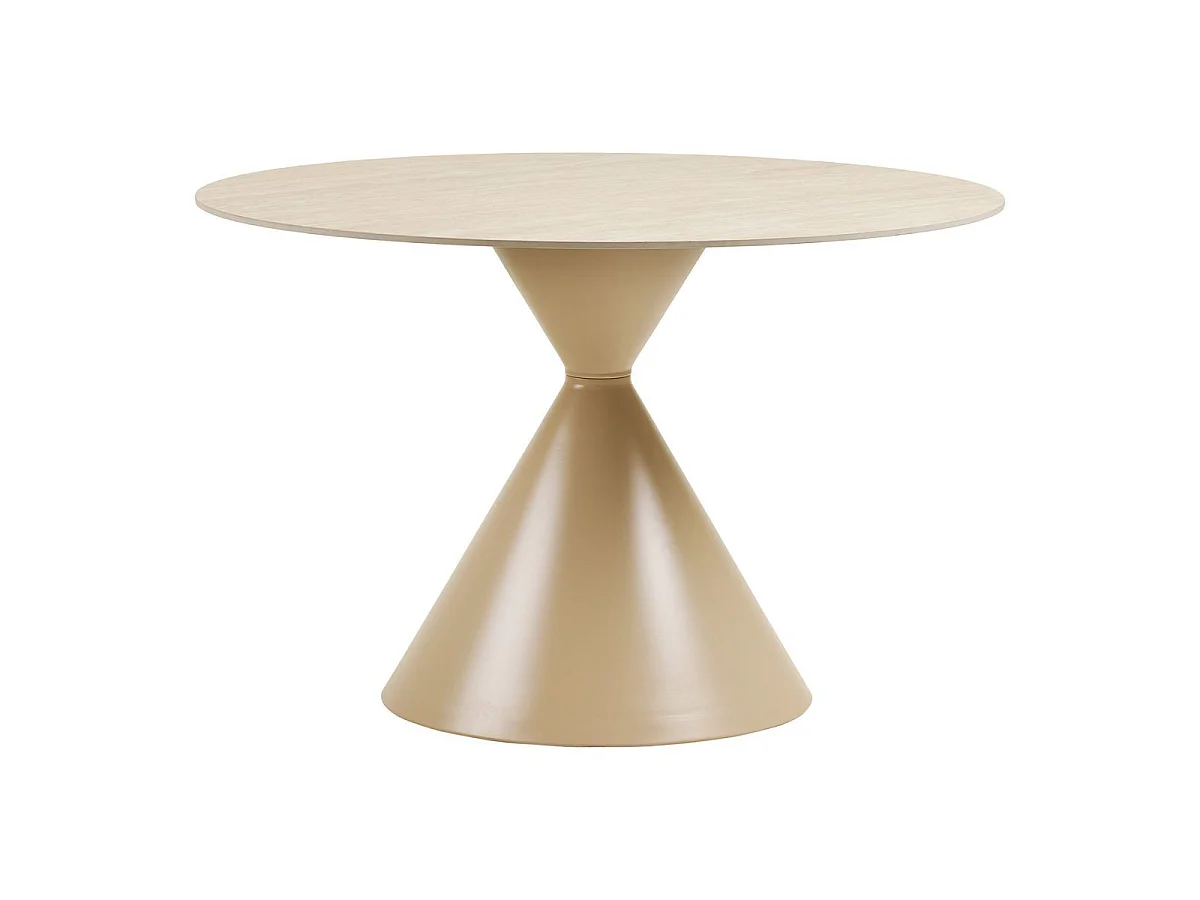 Table repas Ø120cm plateau en céramique aspect travertin pied en métal beige - RIVAGE