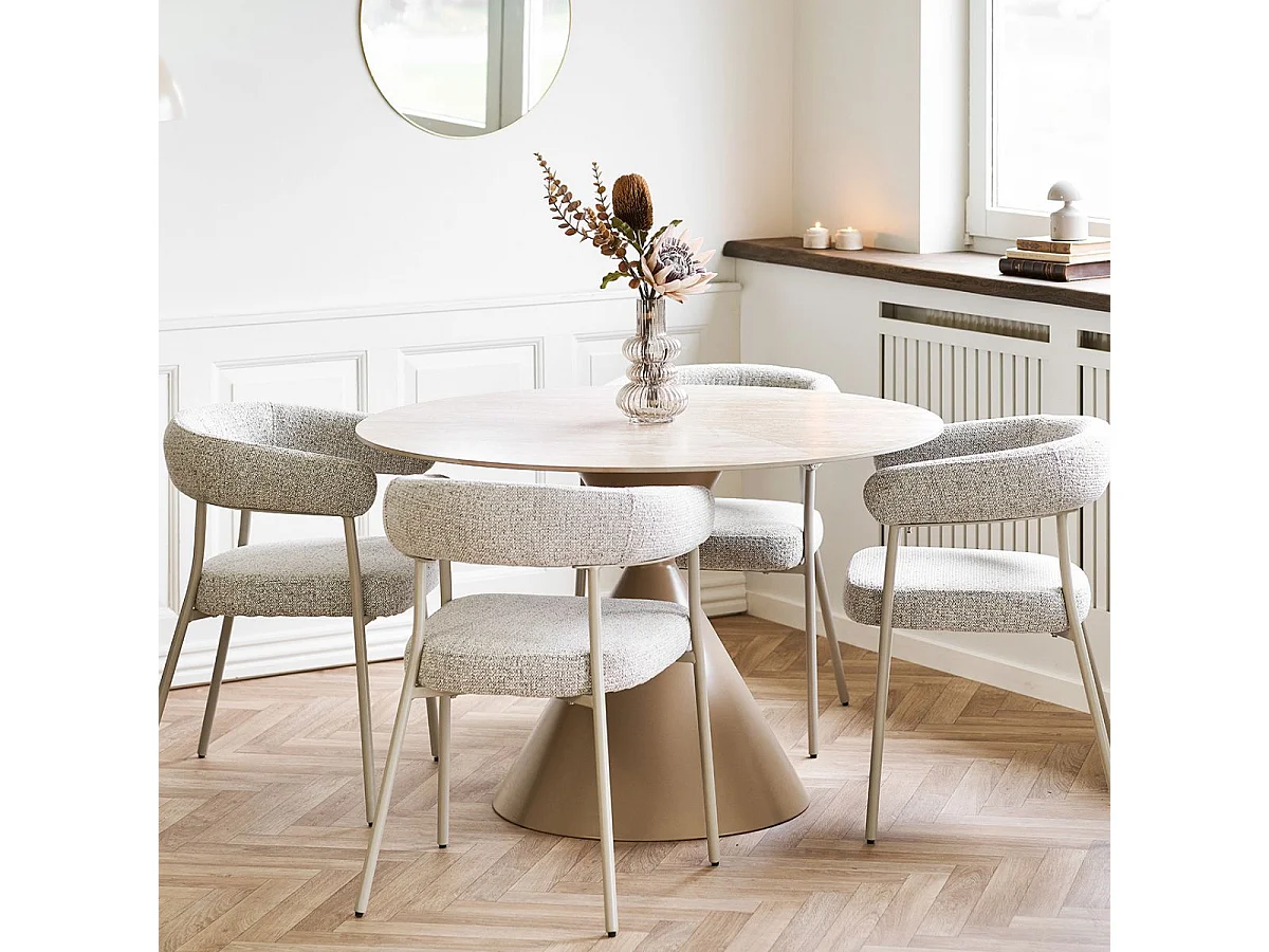 Table repas Ø120cm plateau en céramique aspect travertin pied en métal beige - RIVAGE