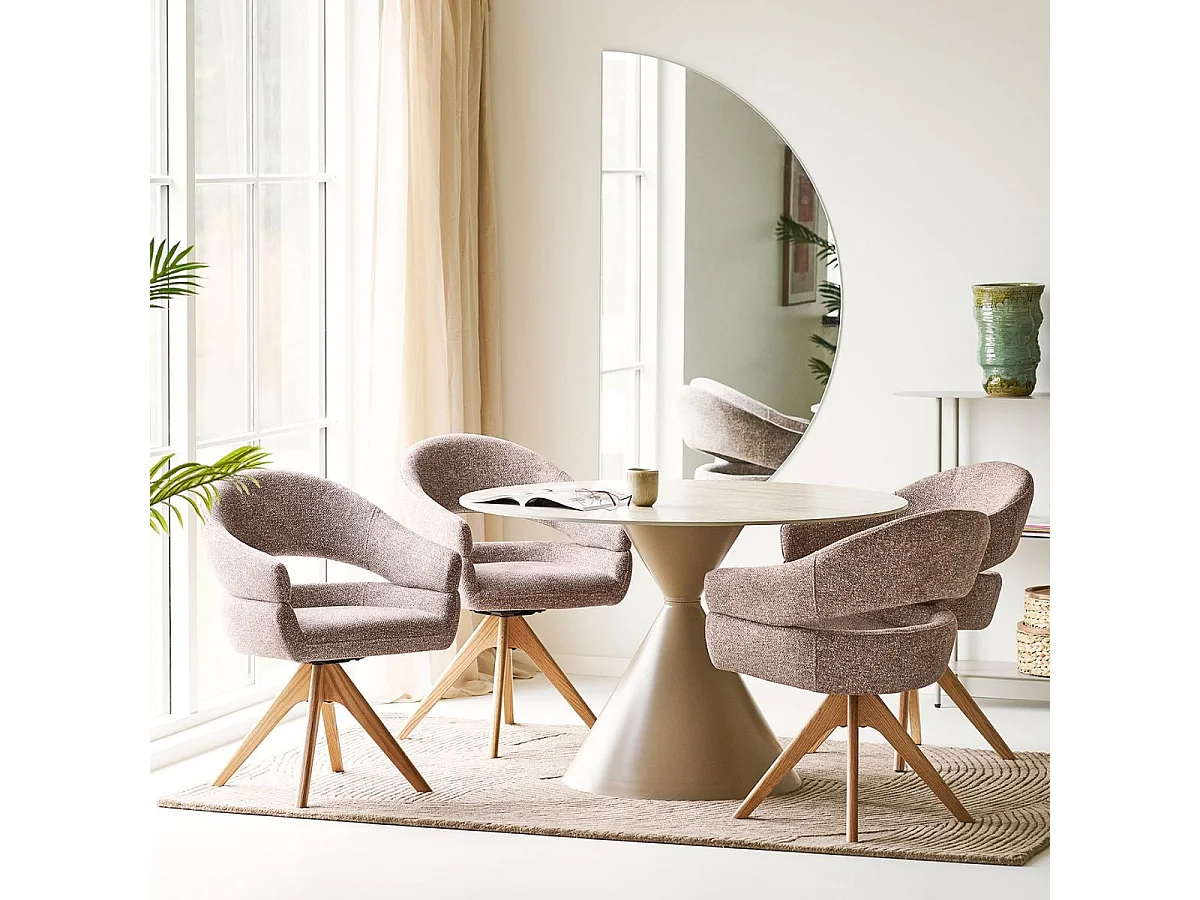 Table repas Ø120cm plateau en céramique aspect travertin pied en métal beige - RIVAGE