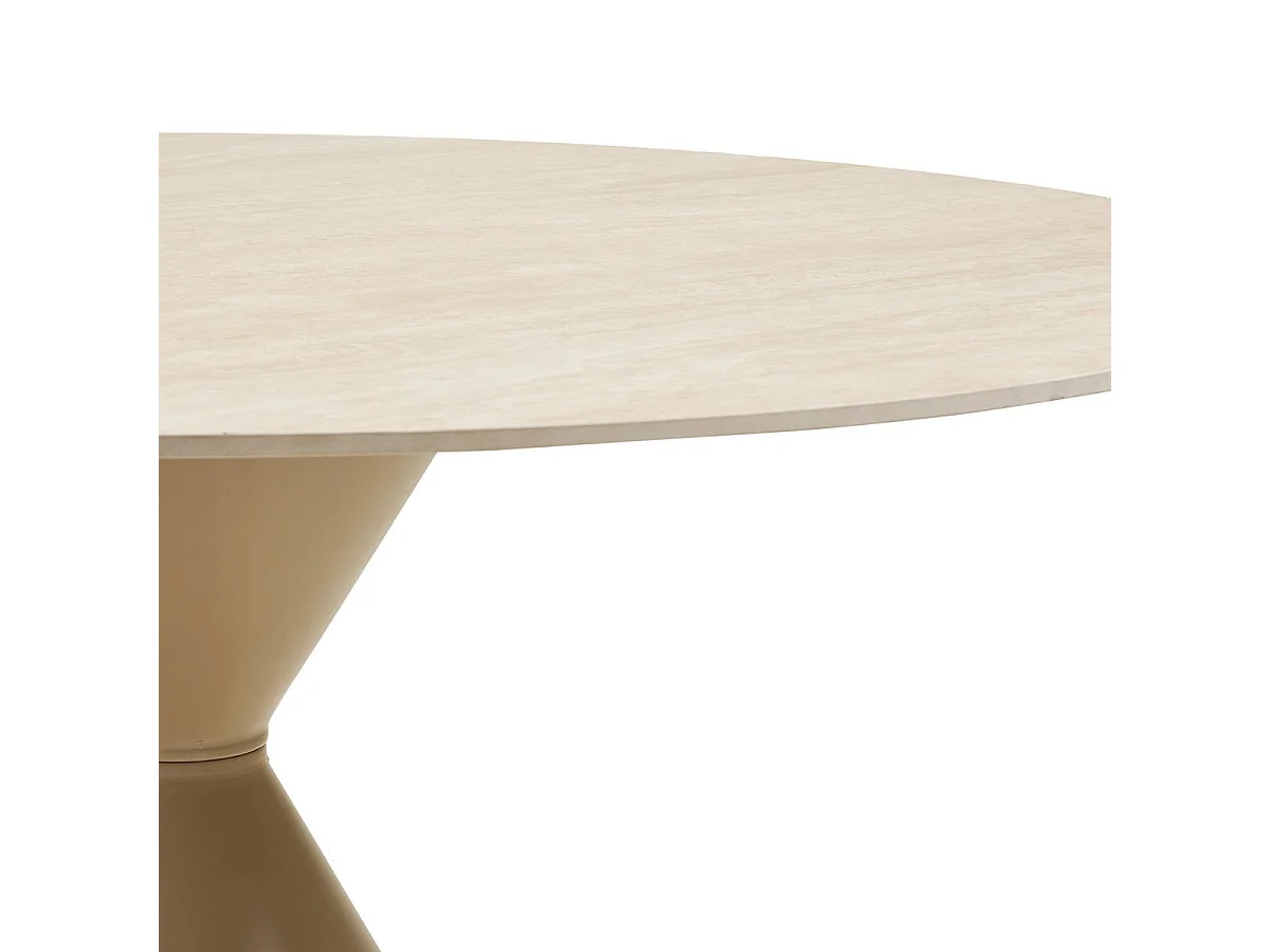 Table repas Ø120cm plateau en céramique aspect travertin pied en métal beige - RIVAGE