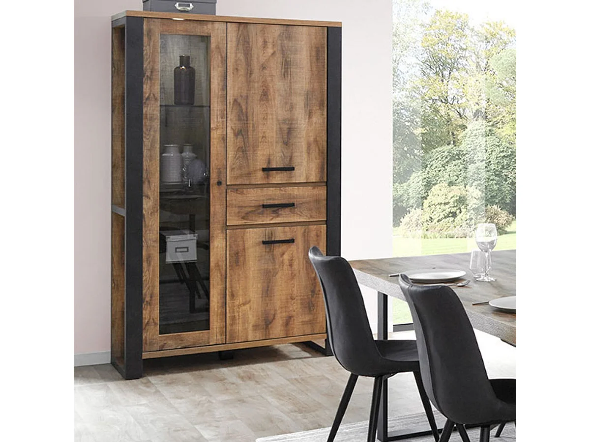 Vitrine 3 portes aspect chêne artisan avec structure noir graphite - OSAM
