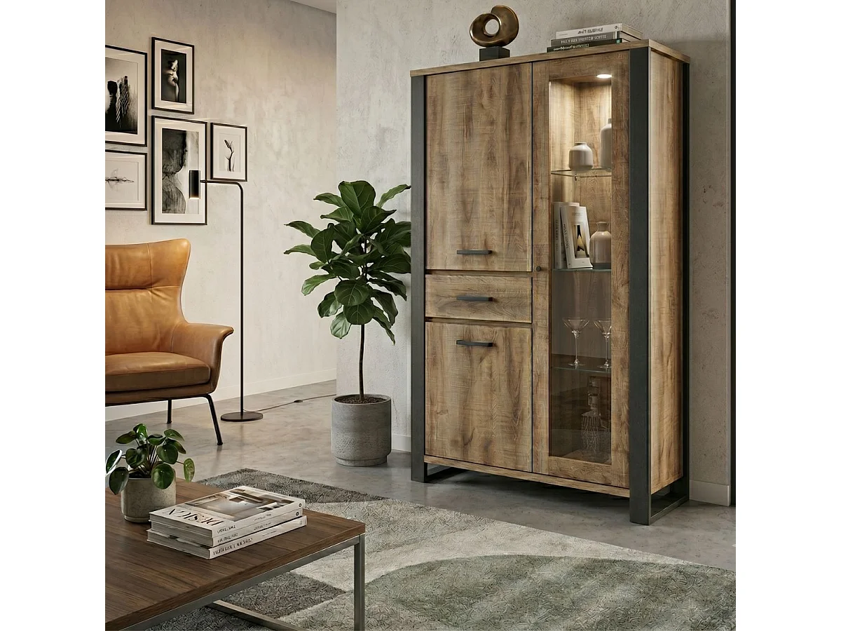 Vitrine 3 portes aspect chêne artisan avec structure noir graphite - OSAM