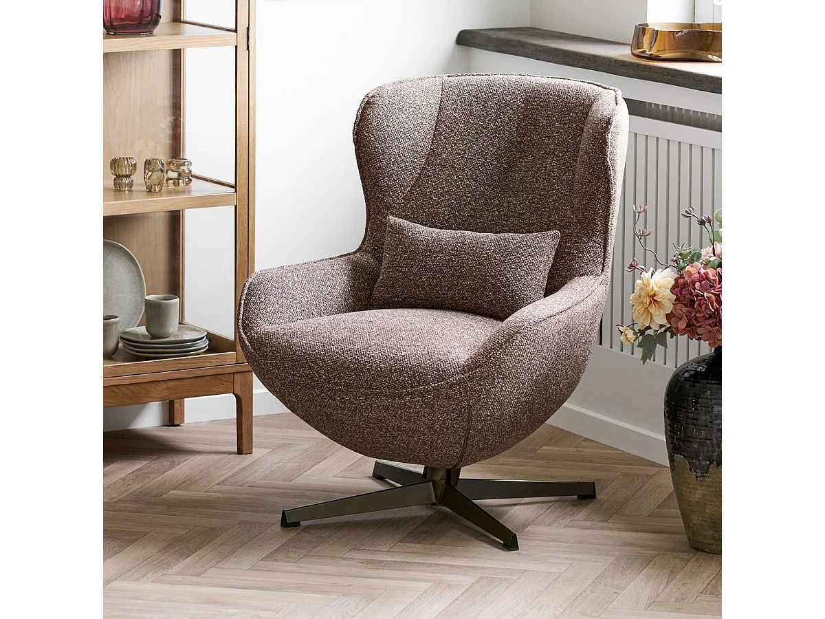 Fauteuil en Tissu Bouclé Texturé marron chiné Pivotant pied métal - BELIAM