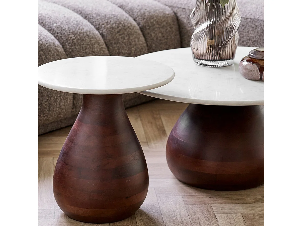 Bout de canapé Ø40cm plateau en marbre pied en manguier teinté - ELKE