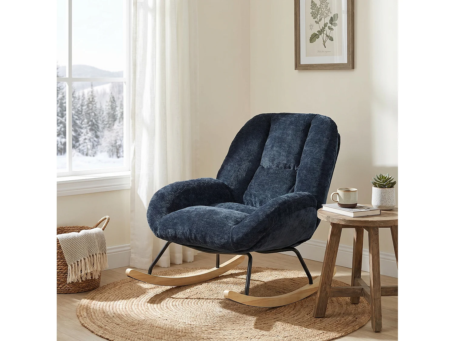 MEUBLES COSY LITHOPS Fauteuil à bascule rocking chair en tissu chenille bleu marine style scandinave avec accoudoirs
