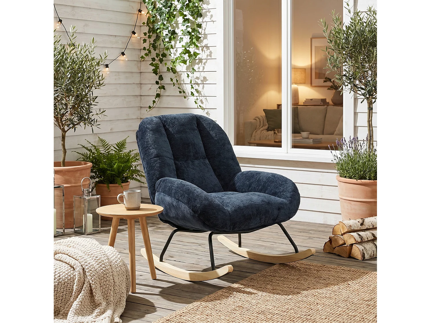MEUBLES COSY LITHOPS Fauteuil à bascule rocking chair en tissu chenille bleu marine style scandinave avec accoudoirs
