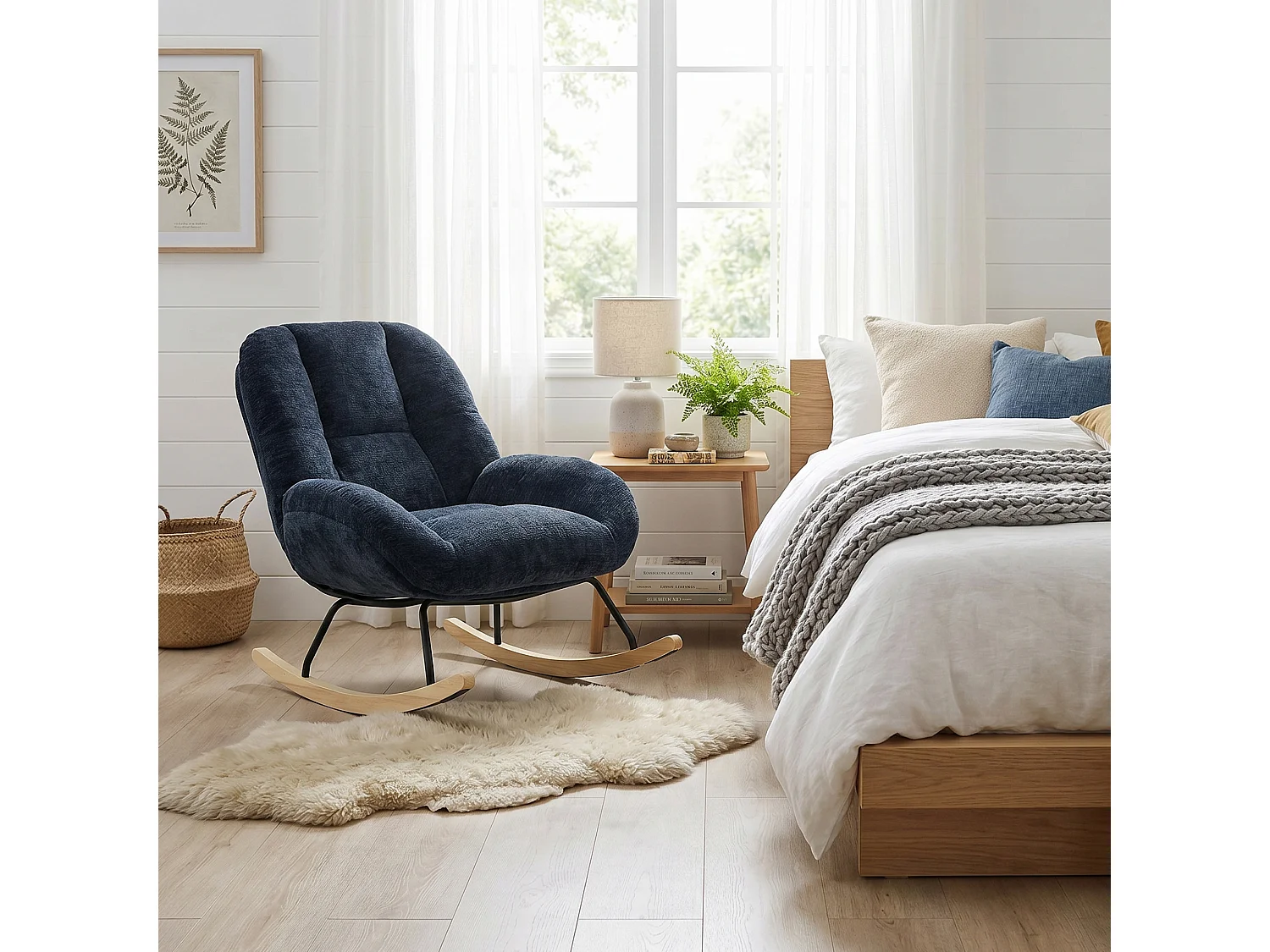 MEUBLES COSY LITHOPS Fauteuil à bascule rocking chair en tissu chenille bleu marine style scandinave avec accoudoirs
