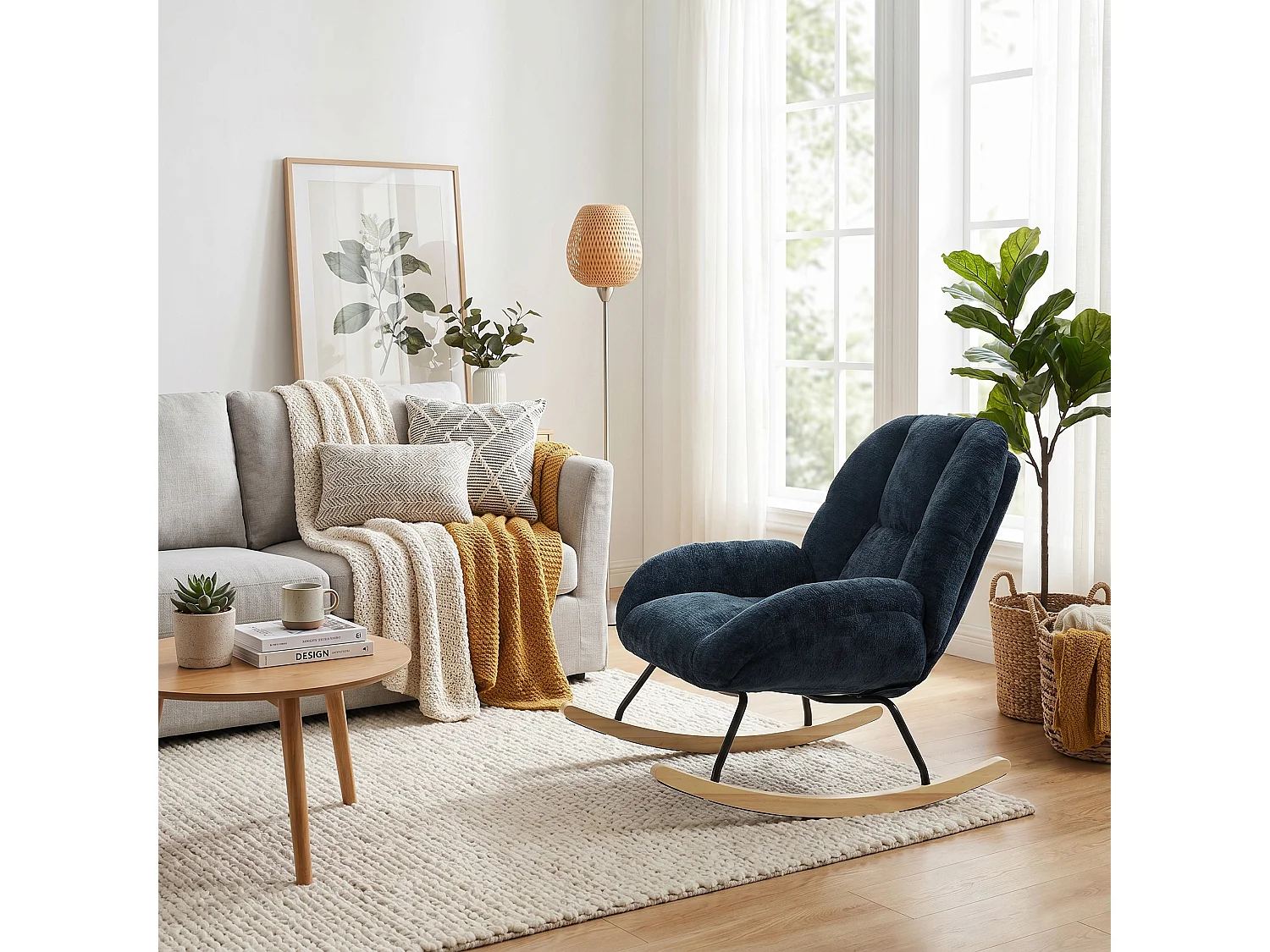 MEUBLES COSY LITHOPS Fauteuil à bascule rocking chair en tissu chenille bleu marine style scandinave avec accoudoirs