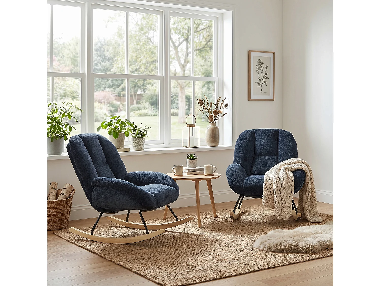 MEUBLES COSY LITHOPS Fauteuil à bascule rocking chair en tissu chenille bleu marine style scandinave avec accoudoirs