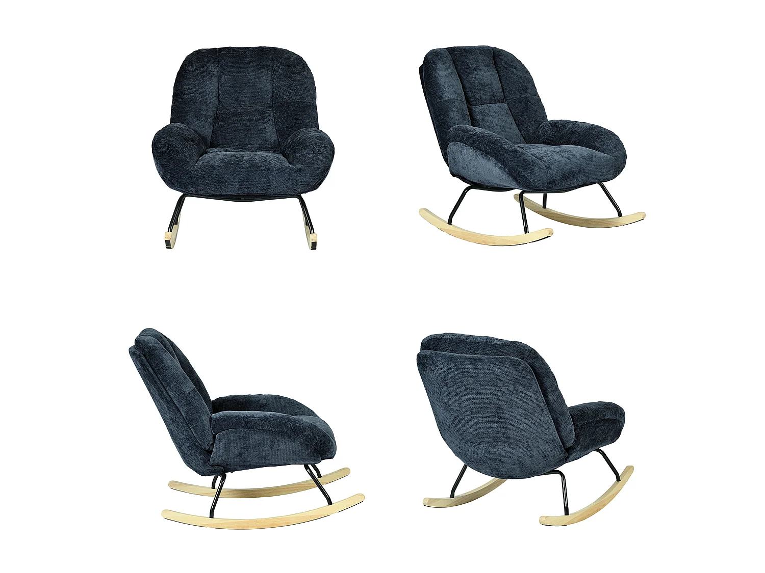 MEUBLES COSY LITHOPS Fauteuil à bascule rocking chair en tissu chenille bleu marine style scandinave avec accoudoirs