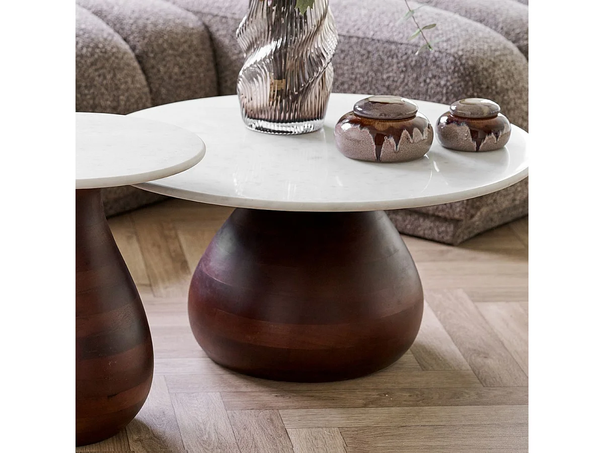 Table basse Ø70cm plateau en marbre pied en manguier teinté - ELKE
