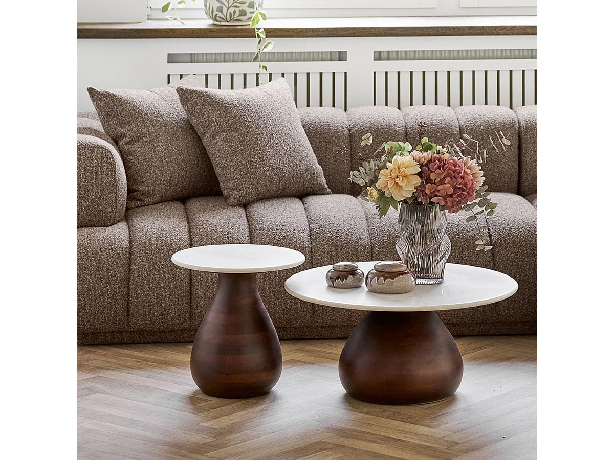 Table basse Ø70cm plateau en marbre pied en manguier teinté - ELKE