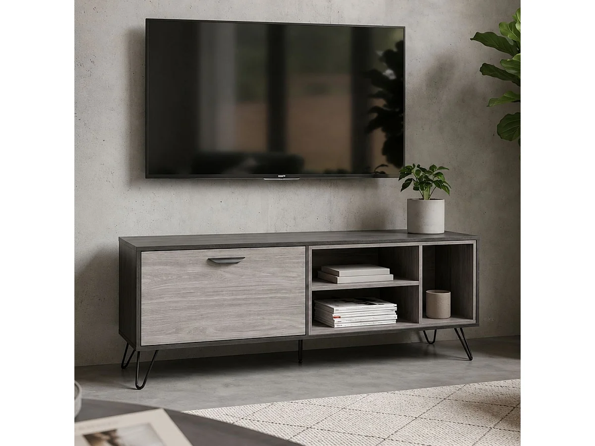 Meuble TV 1 porte 3 niches 150cm aspect bois grisé et noir - BROOKLYN