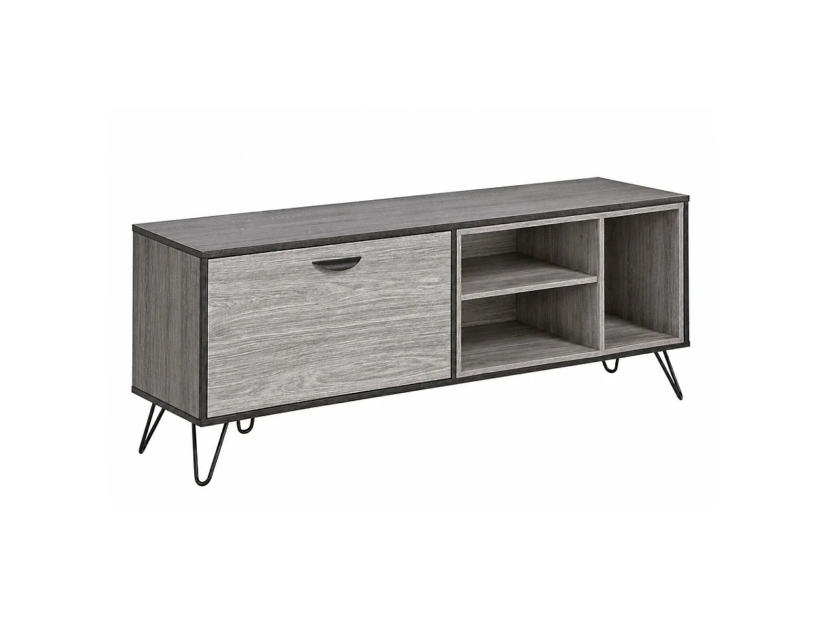 Meuble TV 1 porte 3 niches 150cm aspect bois grisé et noir - BROOKLYN