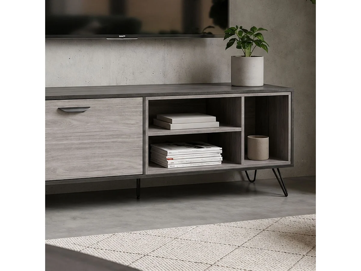 Meuble TV 1 porte 3 niches 150cm aspect bois grisé et noir - BROOKLYN