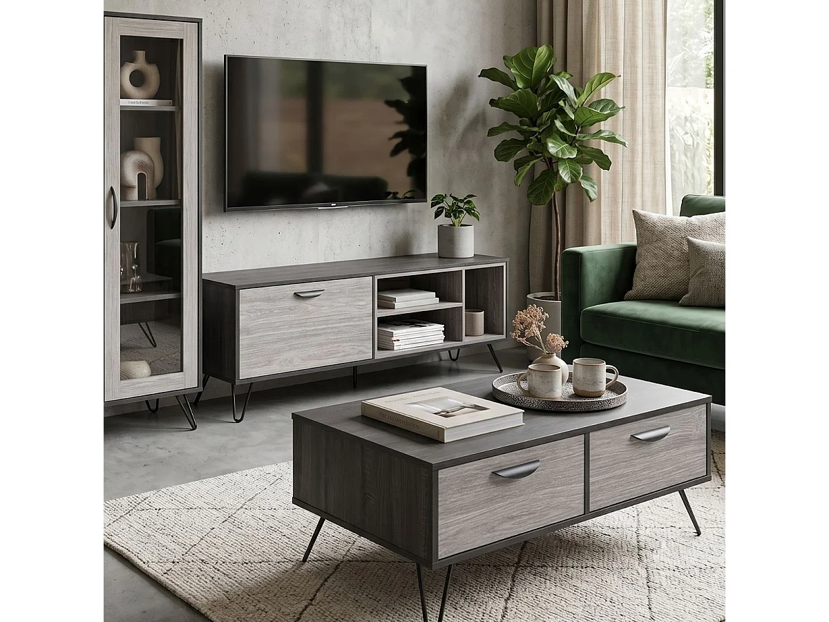Meuble TV 1 porte 3 niches 150cm aspect bois grisé et noir - BROOKLYN