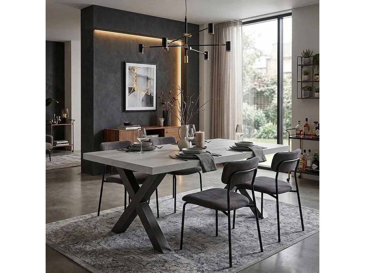 Table rectangulaire 185cm finition bois cendré pieds X métal - GARLYG