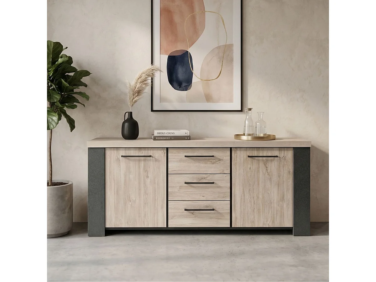 Buffet 2 portes 3 tiroirs finition chêne clair et gris ardoise - HADÈS
