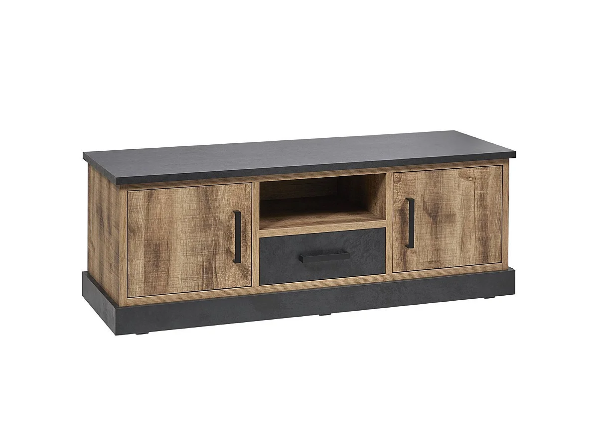 Meuble TV 2 portes aspect chêne artisan et noir graphite - URBAL