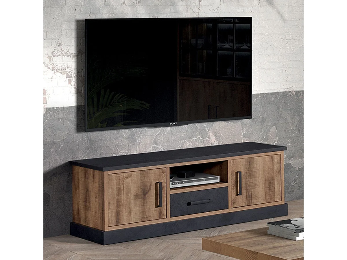 Meuble TV 2 portes aspect chêne artisan et noir graphite - URBAL