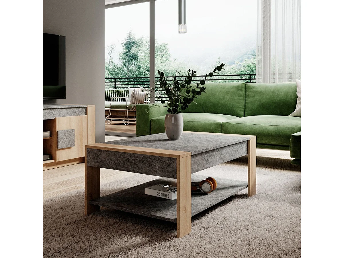 Table basse 2 plateaux finition granit gris pieds aspect chêne clair - AZYA