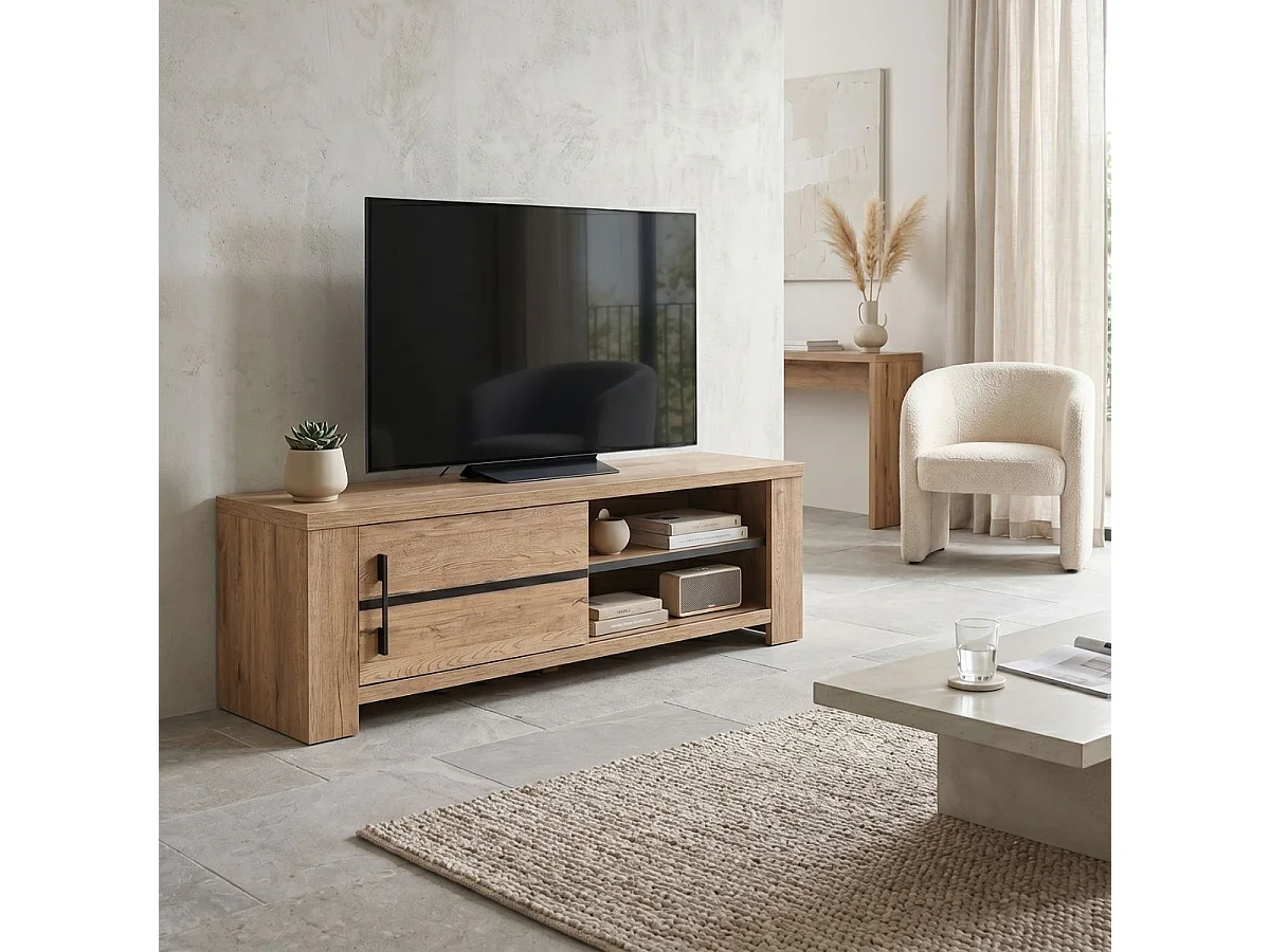 Meuble TV 1 porte coulissante aspect chêne naturel et noir mat - CARVIK