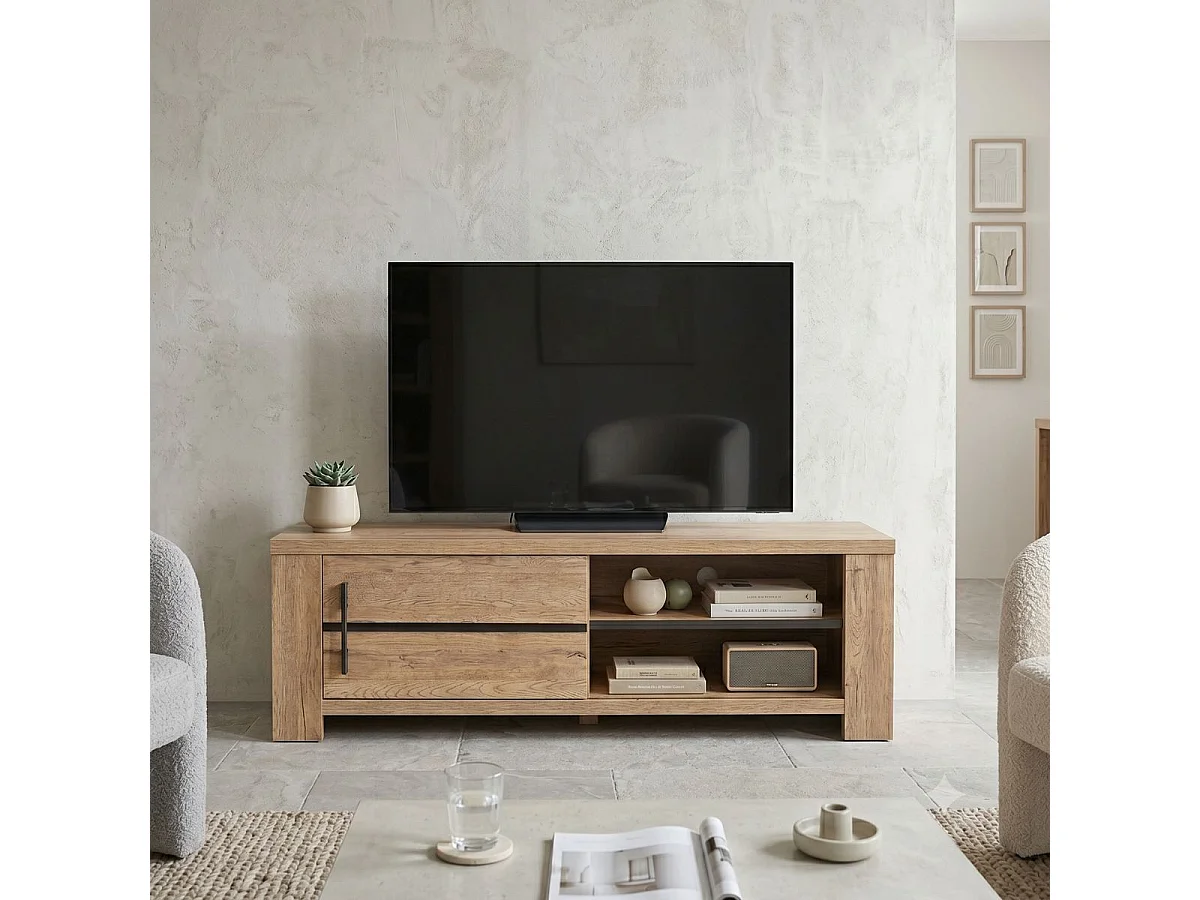 Meuble TV 1 porte coulissante aspect chêne naturel et noir mat - CARVIK