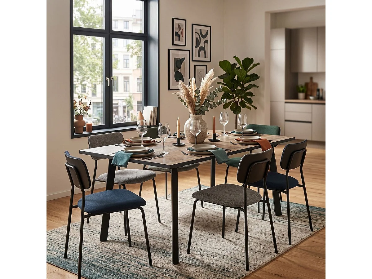 Table repas 180cm plateau aspect bois rustique pieds métal - CHIARA