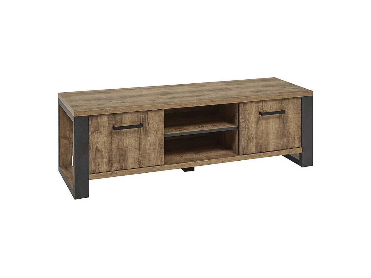 Meuble TV 2 portes aspect chêne artisan avec structure noir graphite - OSAM