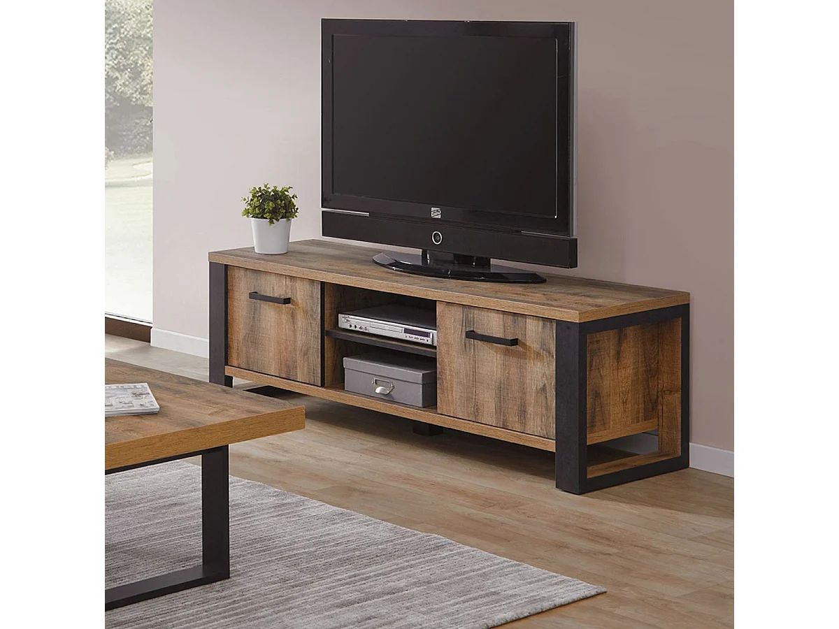 Meuble TV 2 portes aspect chêne artisan avec structure noir graphite - OSAM