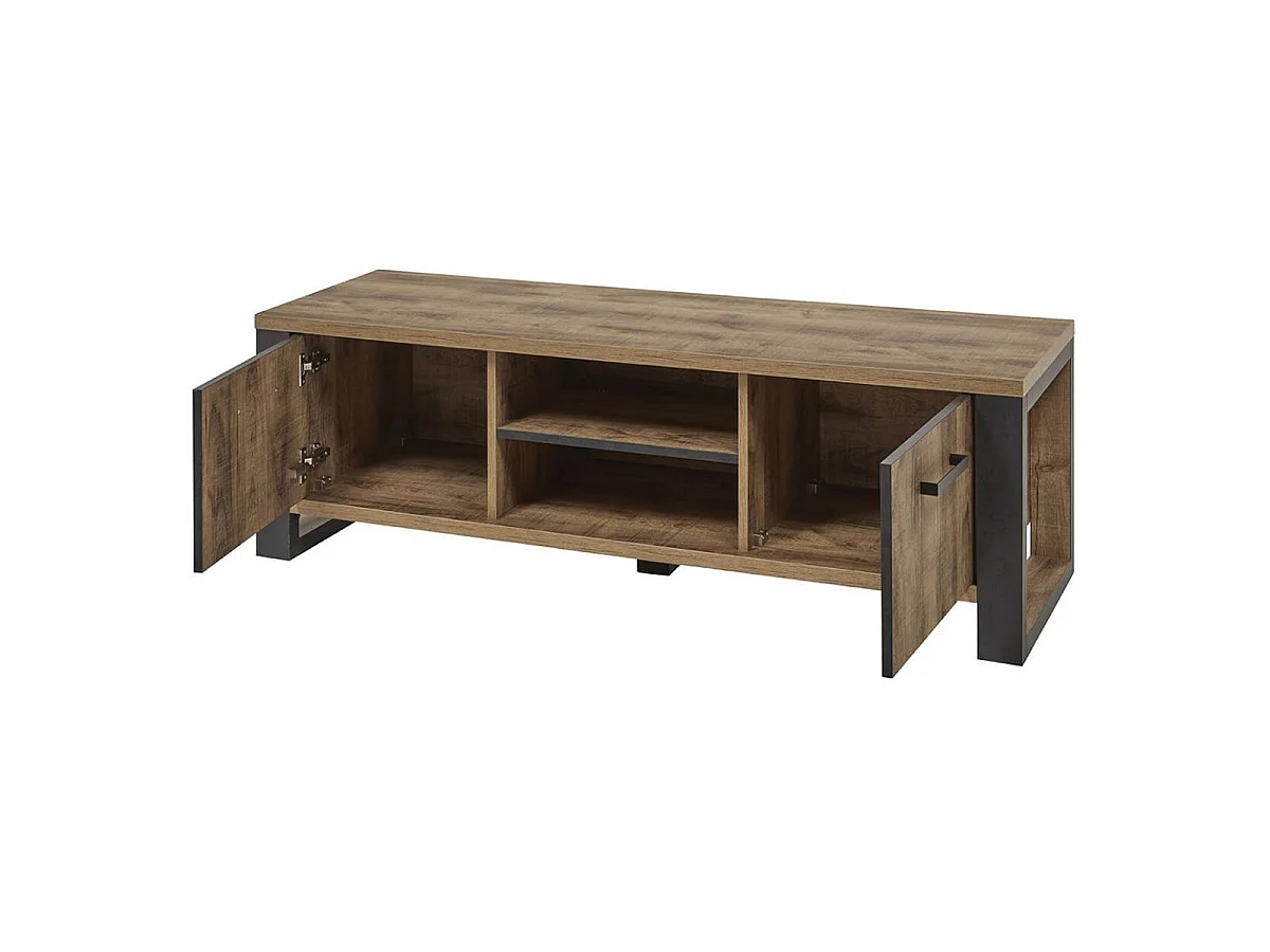 Meuble TV 2 portes aspect chêne artisan avec structure noir graphite - OSAM