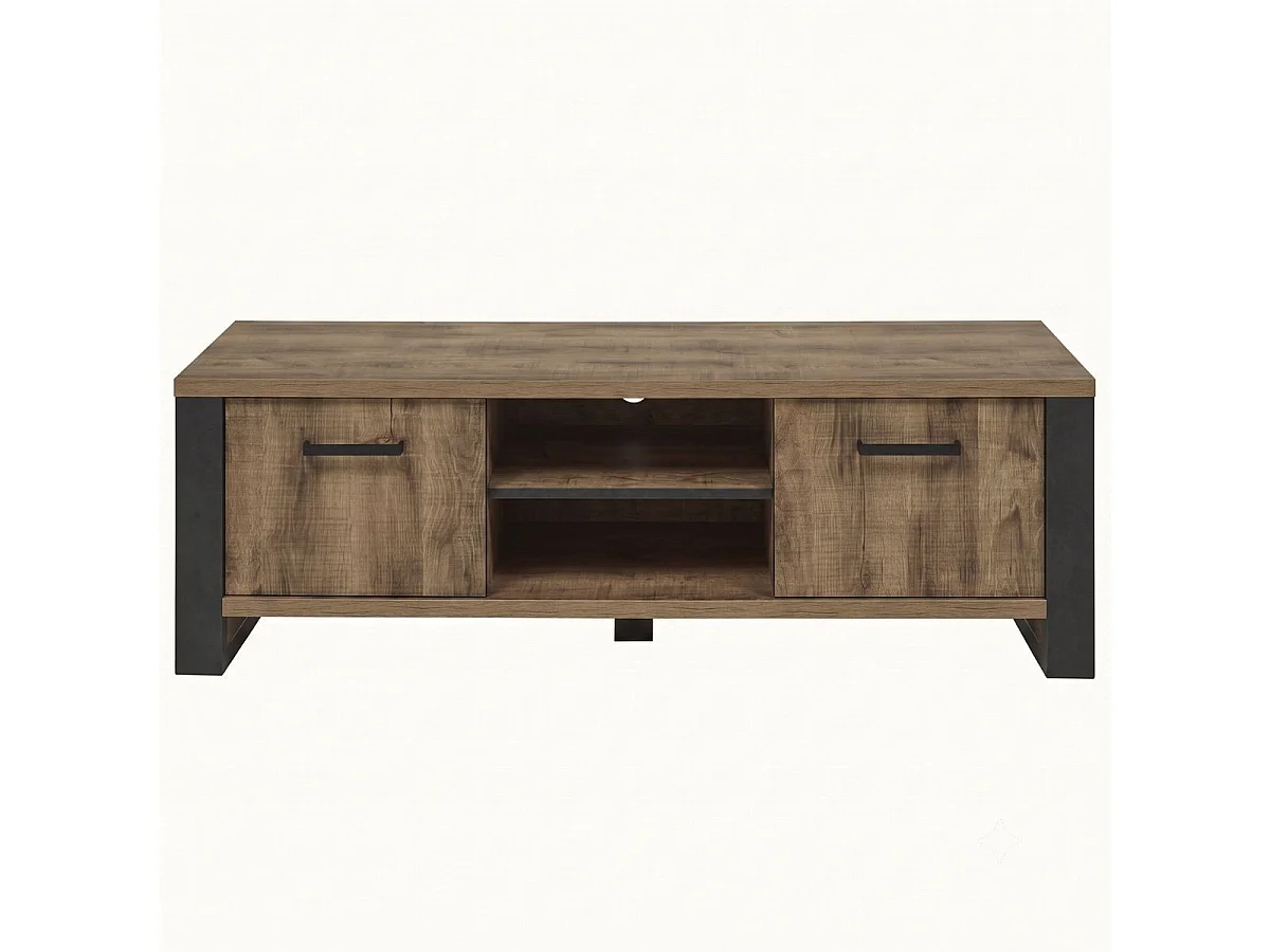 Meuble TV 2 portes aspect chêne artisan avec structure noir graphite - OSAM