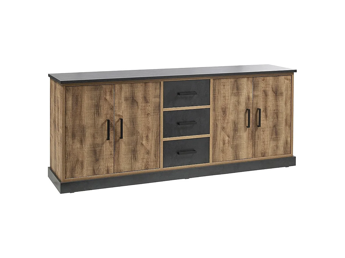Buffet 4 portes 3 tiroirs aspect chêne artisan et noir graphite - URBAL