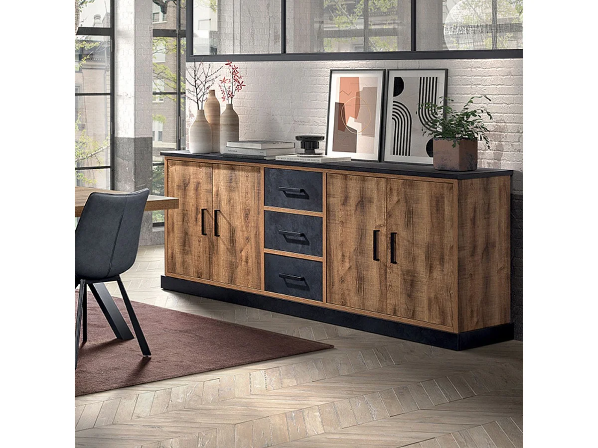 Buffet 4 portes 3 tiroirs aspect chêne artisan et noir graphite - URBAL