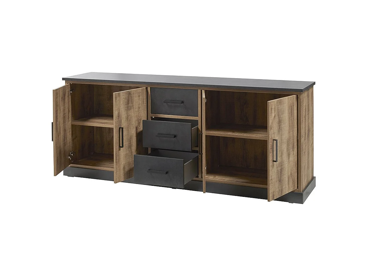 Buffet 4 portes 3 tiroirs aspect chêne artisan et noir graphite - URBAL