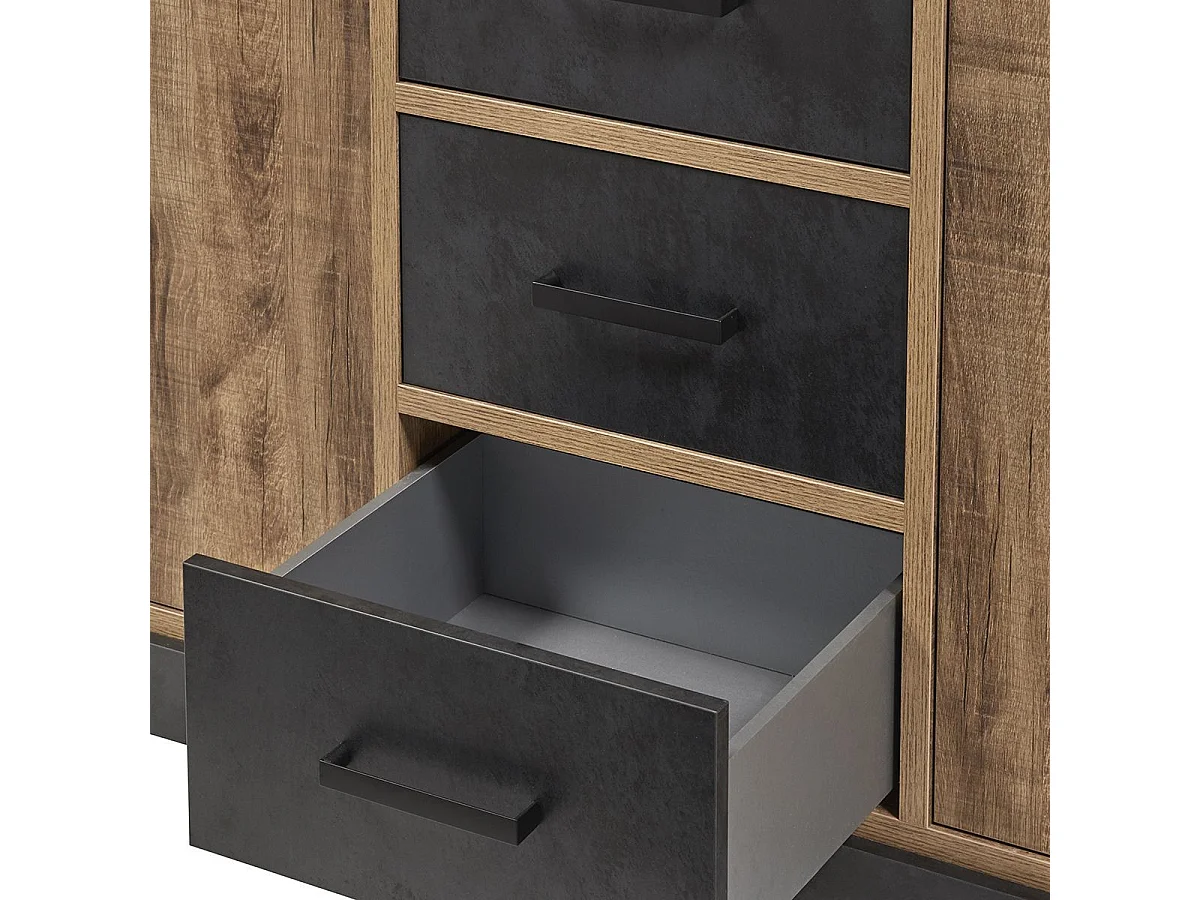 Buffet 4 portes 3 tiroirs aspect chêne artisan et noir graphite - URBAL