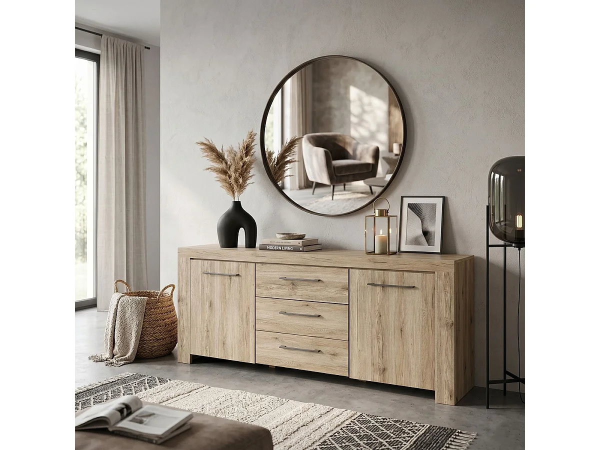 Buffet 2 portes 3 tiroirs finition chêne doré poignées métal gris - ELMER