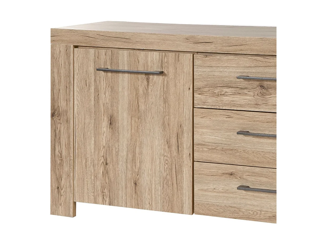 Buffet 2 portes 3 tiroirs finition chêne doré poignées métal gris - ELMER