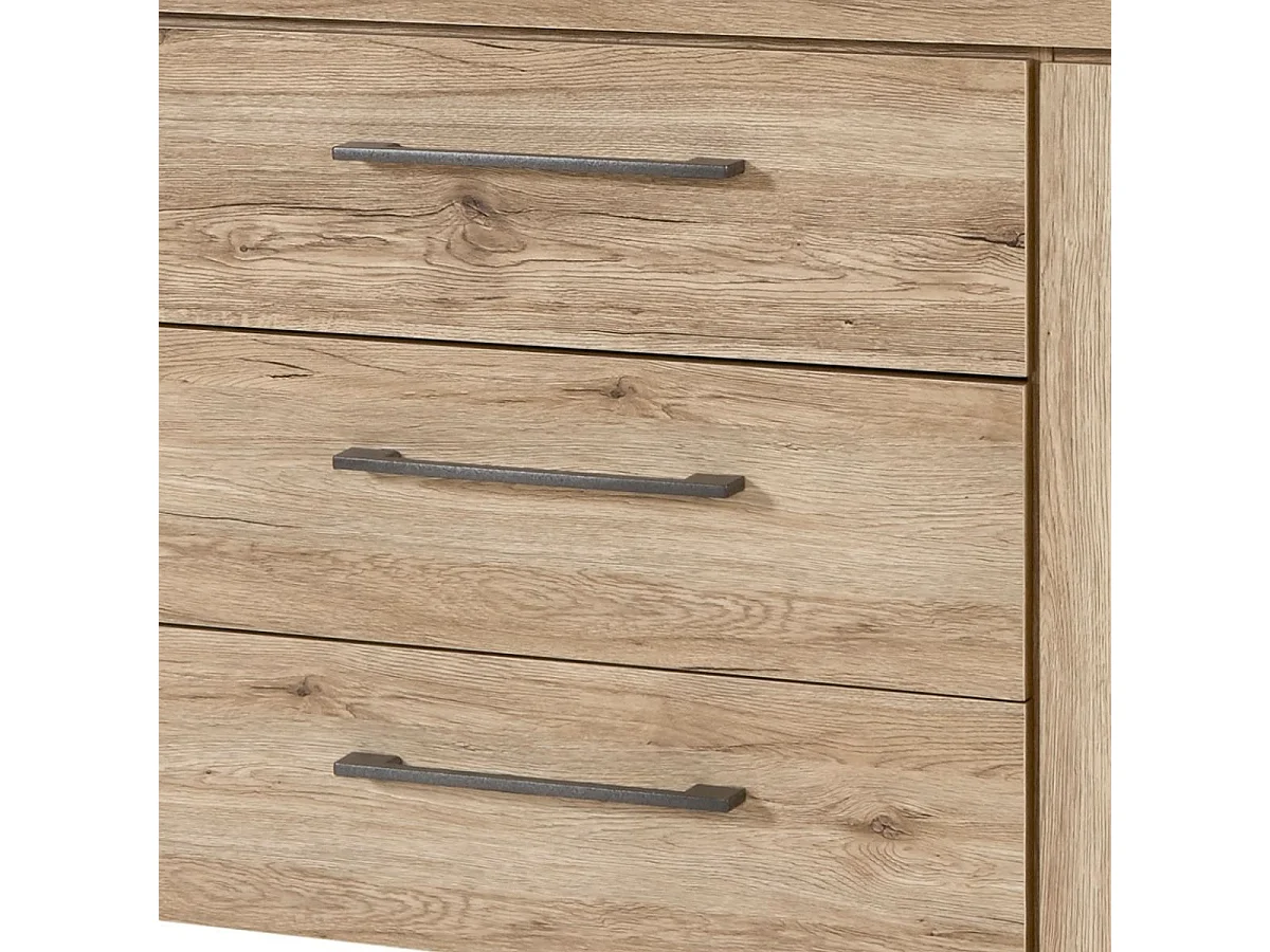 Buffet 2 portes 3 tiroirs finition chêne doré poignées métal gris - ELMER