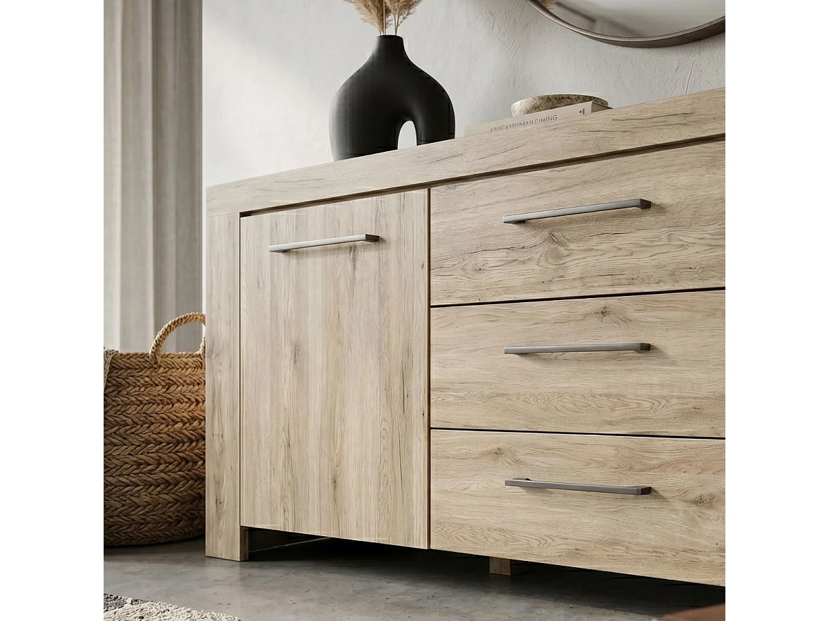Buffet 2 portes 3 tiroirs finition chêne doré poignées métal gris - ELMER