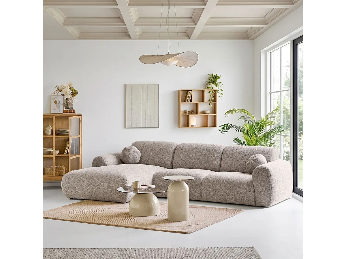 Canapé 3 places méridienne gauche en tissu texturé beige avec 2 coussins - CYCLADE