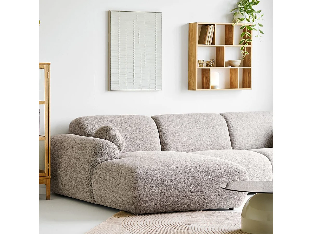 Canapé 3 places méridienne gauche en tissu texturé beige avec 2 coussins - CYCLADE