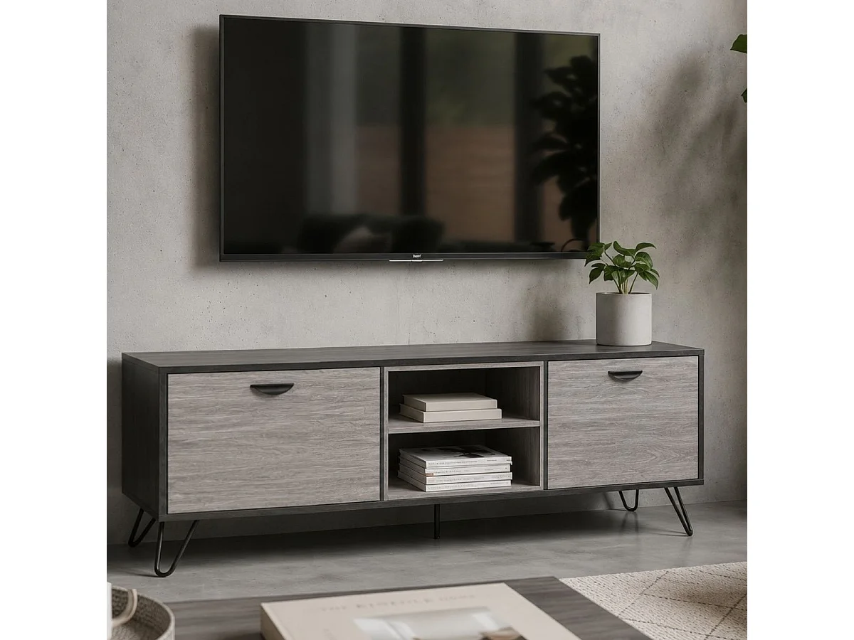 Meuble TV 2 portes 2 niches 180cm aspect bois grisé et noir - BROOKLYN