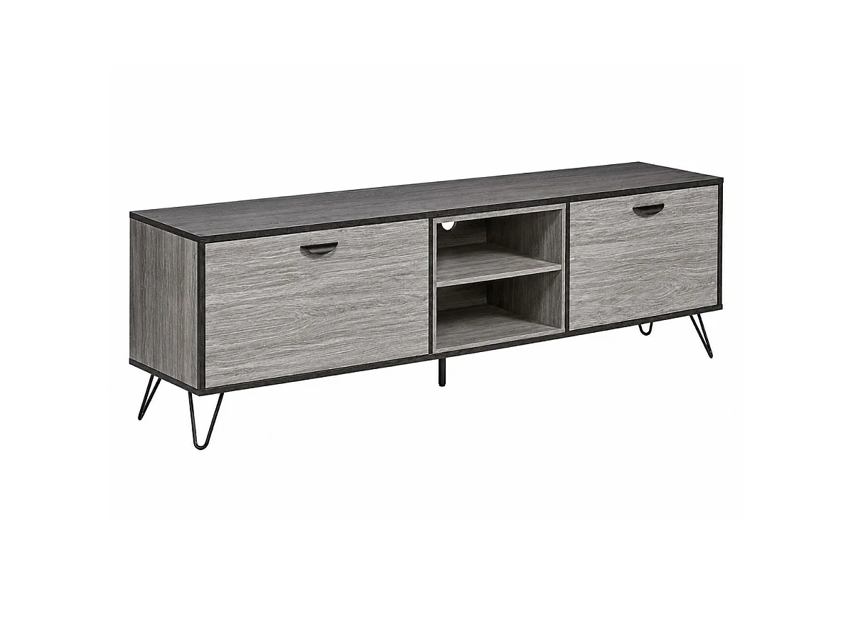 Meuble TV 2 portes 2 niches 180cm aspect bois grisé et noir - BROOKLYN