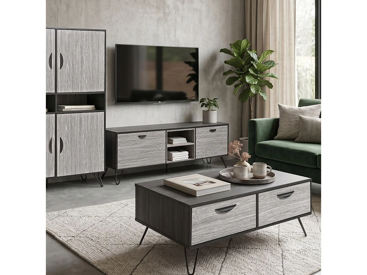 Meuble TV 2 portes 2 niches 180cm aspect bois grisé et noir - BROOKLYN