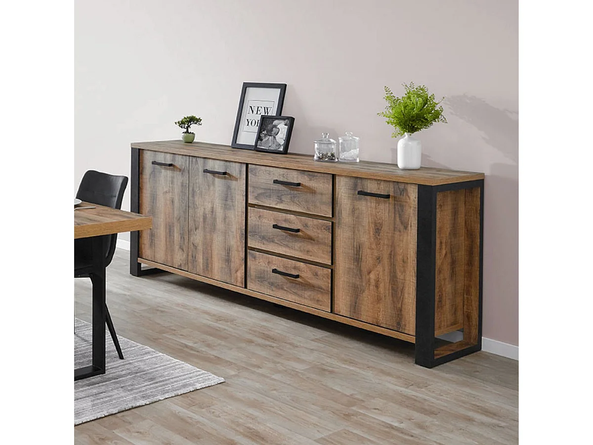 Buffet 3 portes aspect chêne artisan avec structure noir graphite - OSAM